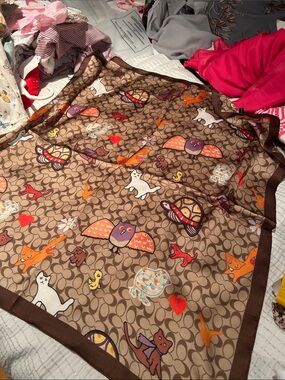 Coach Brown Signature Pattern Throw with Orange, Red, scarf